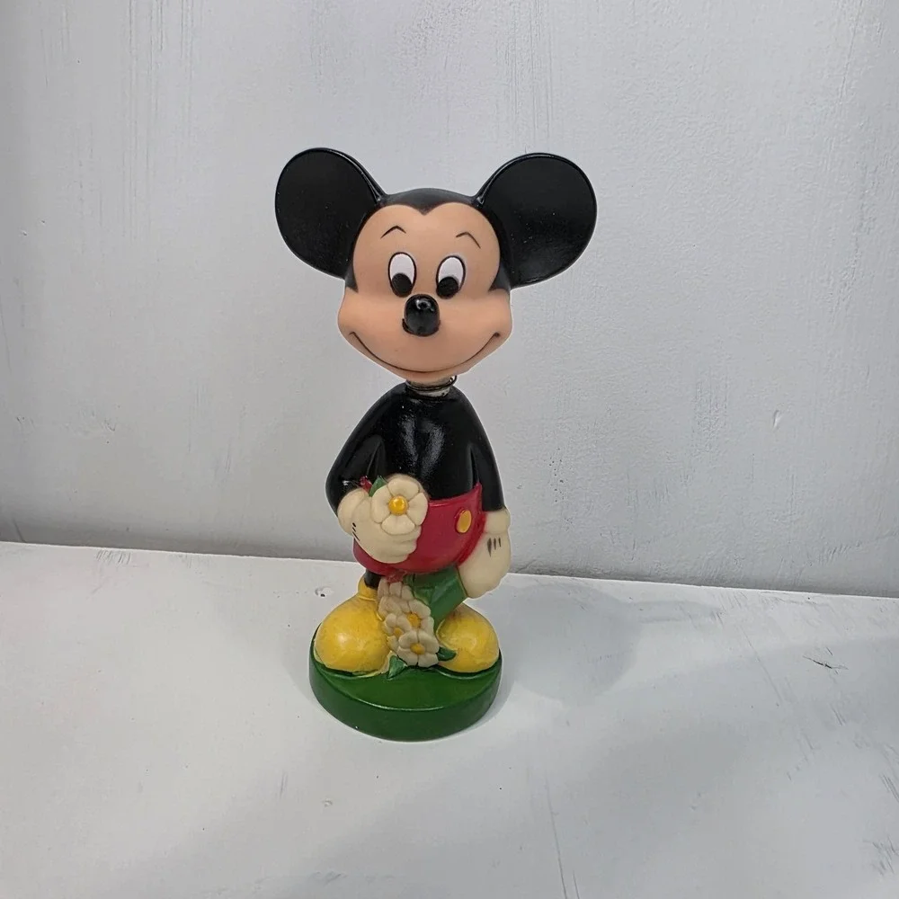 Vintage 70s Disney Mickey Mouse Bobblehead Figure Flower Kitschy Decor 7